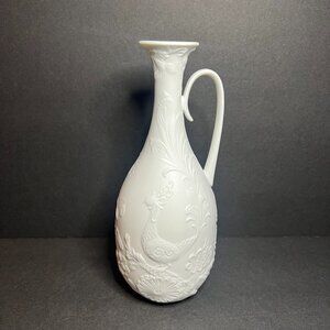 Vintage MCM Kaiser #472 White Bisque Raised Porcelain Peacock Bud Vase w/ Handle